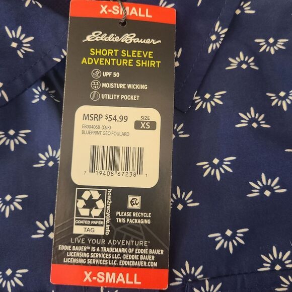 Eddie Bauer TOP Buttoned Short-Sleeved Cute Navy White Print Size XS - Picture 6 of 12